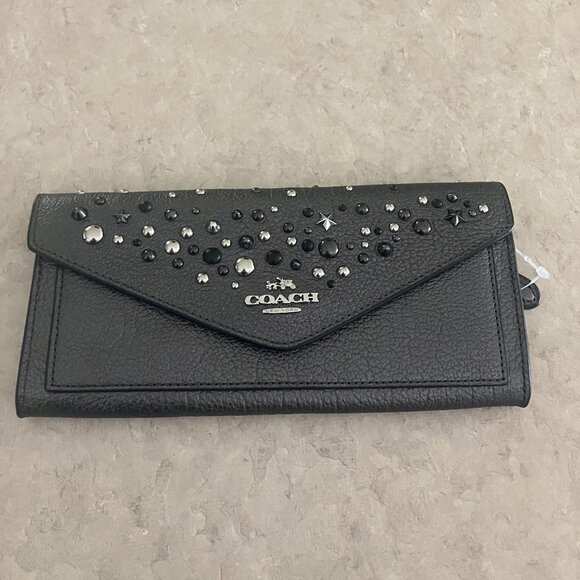 Coach Star Studded Metallic Graphite Envelope Wallet  *NEW* - Picture 1 of 4